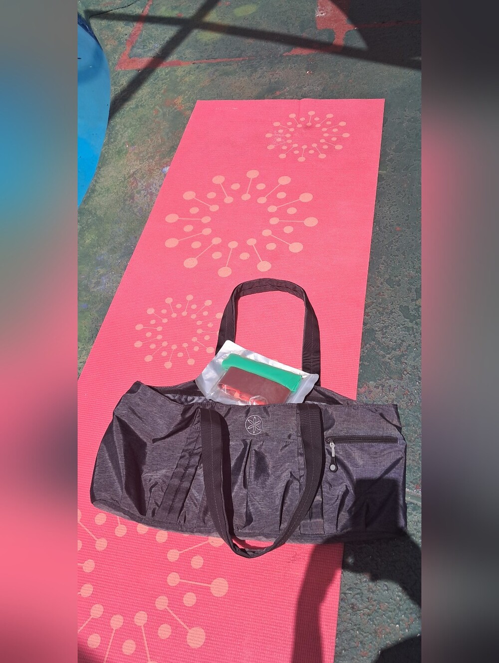 Charcoal Gray Yoga Bag with Black Straps A Yoga Matt And Strech Bands All 3